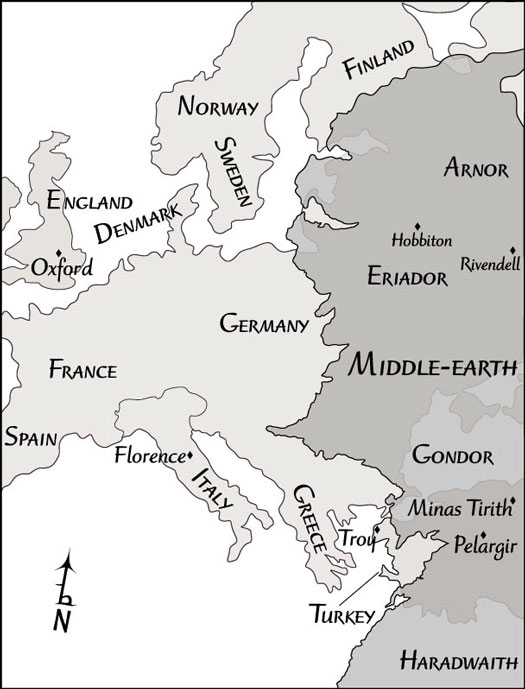 Middle-earth's coastline superimposed on Western Europe.