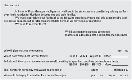 A reunion survey solicits feedback from family members.