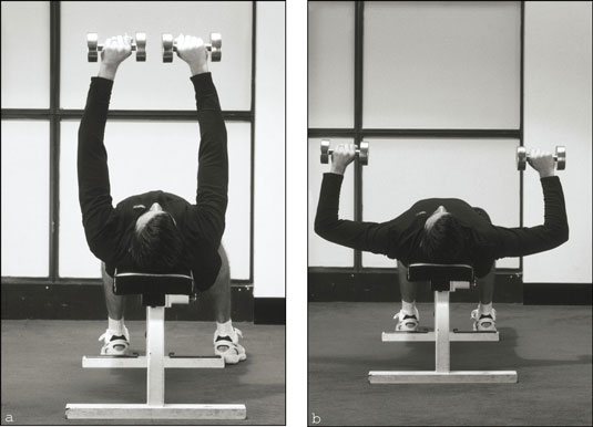 The dumbbell chest press works your chest muscles, shoulders, and triceps. [Credit: Photograph by S