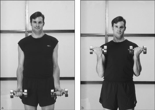 Keep your elbows close to your body while performing the dumbbell biceps curl. [Credit: Photograph 