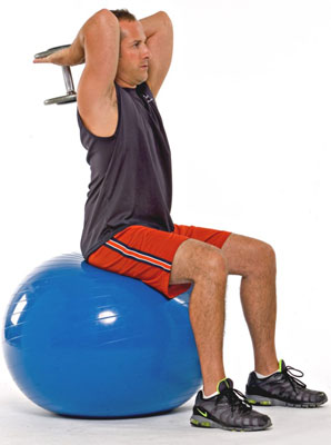 Sit on the ball with your feet shoulder-width apart. Hold the weight in both hands behind your head.