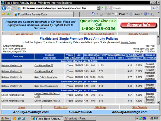 A table of fixed annuity rates from the Annuity Advantage Web site.