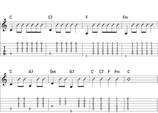 A simple pick-strum pattern. This notation mixes single notes and rhythm slashes.