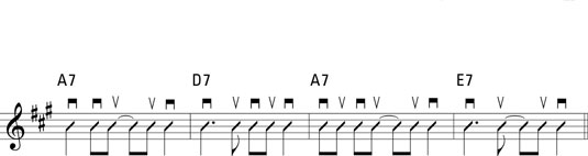 A straight-eighth progression in A that uses common syncopation figures.