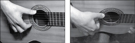 The rest stroke. Notice that, after striking a string, the right-hand finger rests against the next