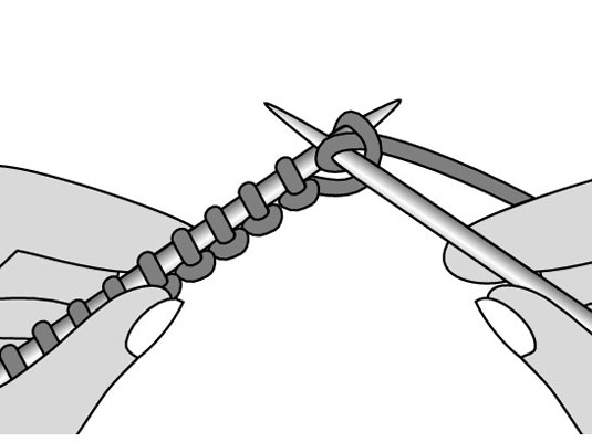 Keeping a slight tension on the wrapped yarn, bring the tip of the RH needle with its wrap of yarn through the loop on the LH needle to the front.