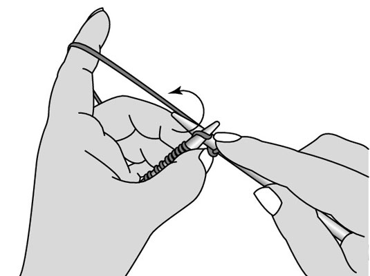Swivel the tip of the RH needle to the right and under the yarn strand, scooping up the yarn from your left forefinger.