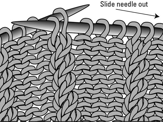 Move the tip of the LH needle behind the RH needle, pass up the first slipped stitch and enter the second slipped stitch from left to right.