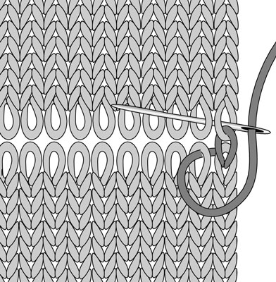 Insert the needle down into the first loop on the upper piece and up through the stitch next to it.