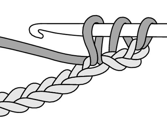 Yarn over the hook and gently pull the wrapped hook through the center of the chain stitch, carrying the wrapped yarn through the stitch.