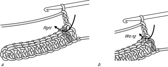 Skipping the first stitch of the row directly below the turning chain, insert your hook into the next stitch.