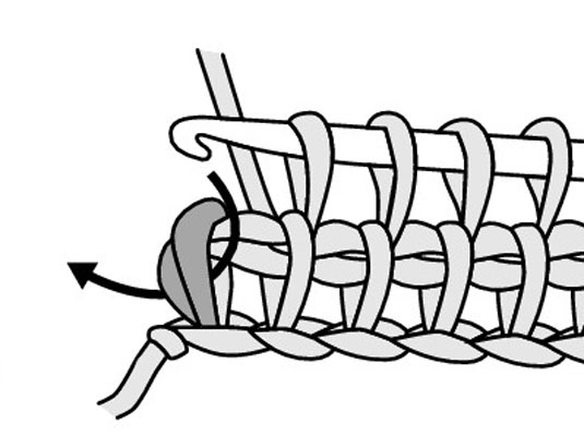 Insert your hook under the last 2 vertical bars at the end of the row.