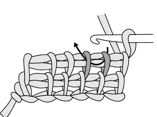 Insert your hook behind the first and second vertical bars in the row below.