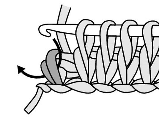 Insert your hook under the last 2 vertical bars at the end of the row.