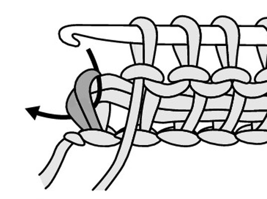 Insert your hook under the last 2 vertical bars at the end of the row.