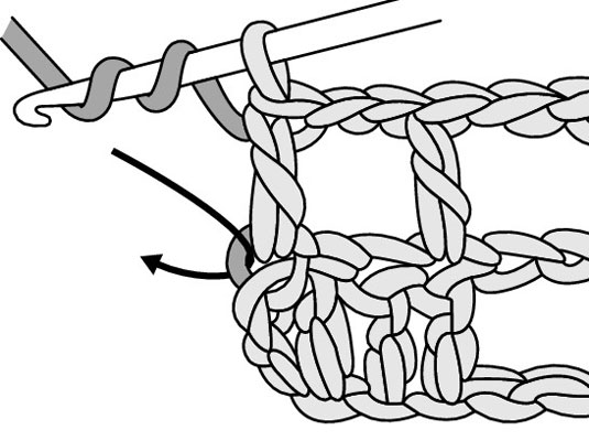 Inserting the crochet hook in the top of the last stitch of the previous row