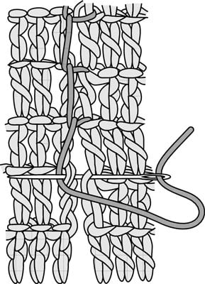 Thread your yarn through the base of the next 2 corresponding stitches.