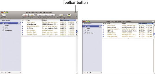The Toolbar button can display (left) or hide (right) a window’s toolbar.