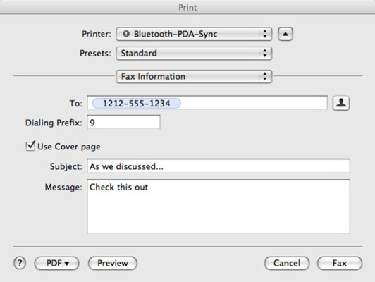 Open the document you want to fax and choose the File command and then Print. Click the PDF button and choose Fax PDF from the pop-up menu.