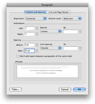 With your paragraph selected, choose Format→Paragraph (or press Command+Option+M).