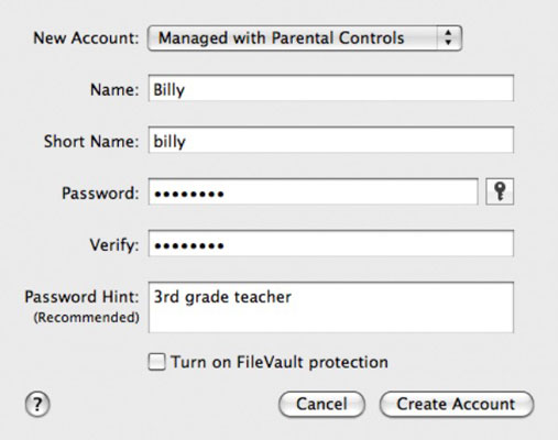 In the New Account pane, fill in the name and password you want your child to have.
