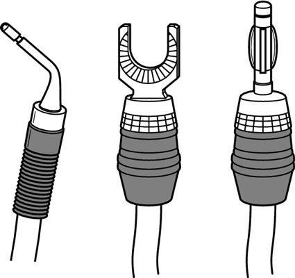 From left to right: a pin connector, a spade lug, and a banana plug.