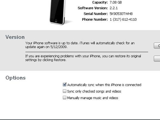 If you want iTunes to sync your iPhone automatically whenever you connect it to your computer, select the Automatically Sync When This iPhone Is Connected check box (in the Options area).