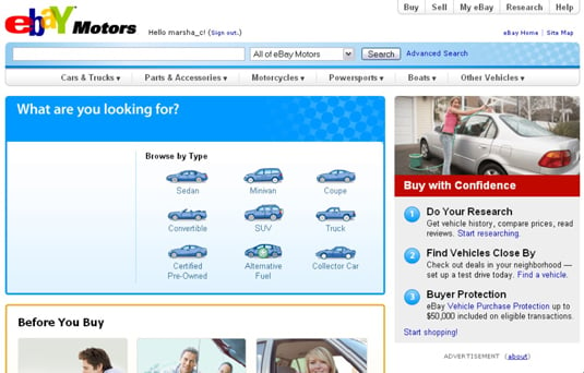 The eBay Motors home page.