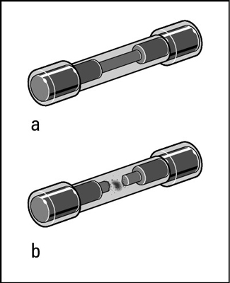 A good tubular fuse (a) and a burned-out fuse (b).