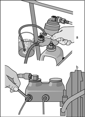 Open your master cylinder and add more brake fluid until the level reaches the “Full” line.