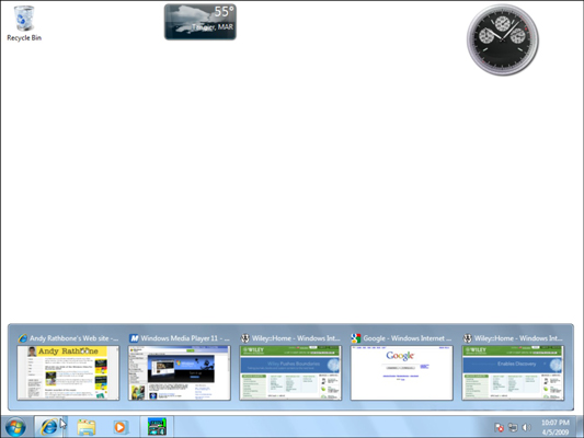 The new taskbar in Windows 7 offers pop-up thumbnail previews of every open window on your desktop.