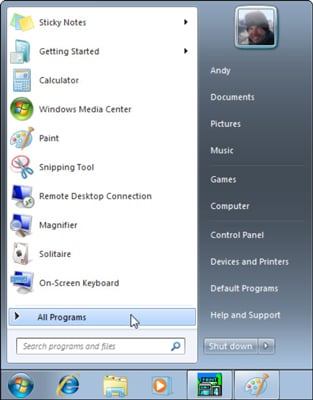 menu de configuração dos programas mais usados ​​do windows 7