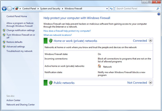 Choose Start→Control Panel. Click the System and Security link; click Windows Firewall.