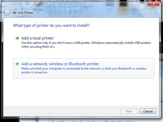 Click the Add a Network, Wireless, or Bluetooth Printer paragraph.