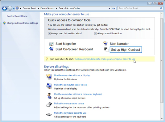 The Ease of Access Center contains a wide variety of ways to help users with physical limitations.