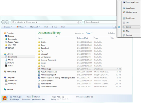 Windows Explorer starts off in Large Icon view.