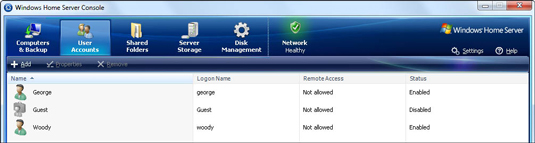 Bring up the Windows Home Server Console. At the top of the <b>c</b>onsole, click the User Accounts tab.