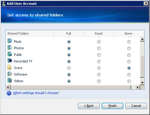 Set Read Only or Full access to the shared folders and click Finish.
