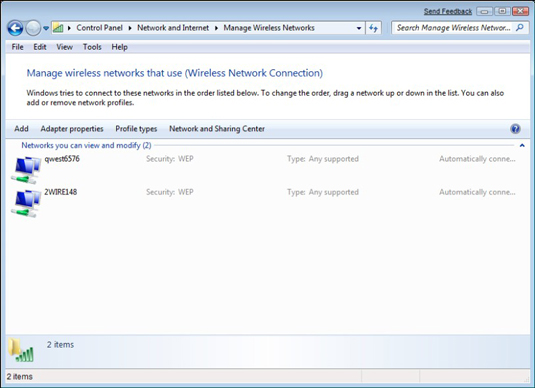 In the resulting Network and Sharing Center window, click the Manage Wireless Network's link.