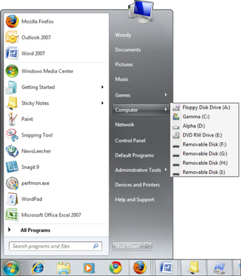 A modified Start menu showing the fly-out menu for the Computer item.