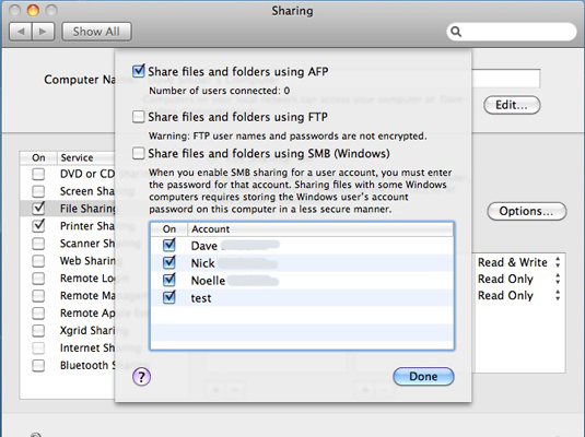 Click the File Sharing entry and click the Options button.
