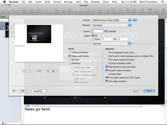 Choose a print option for your Keynote notes and slides.
