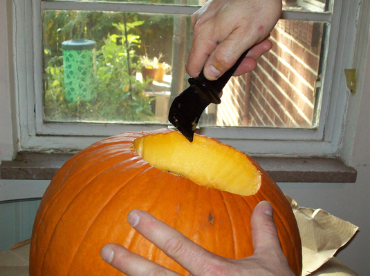 Scrape the insides thoroughly, using an ice cream scoop, large spoon or pumpkin carving kit scraping tool.