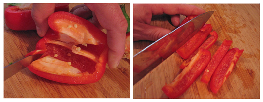 Preparing a pepper for a vegetable platter.