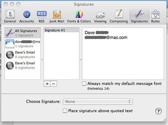 Choose Mail→Preferences and click the Signatures button.