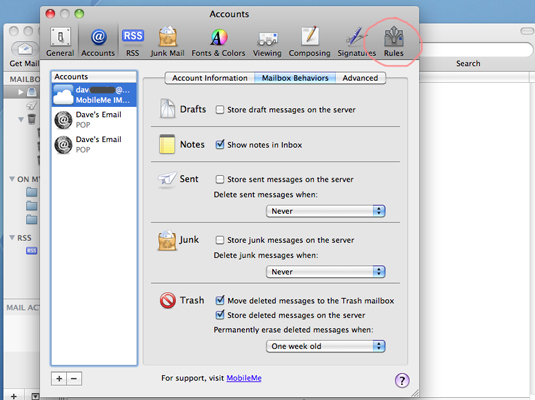 Choose Mail→Preferences and click the Rules button on the toolbar.
