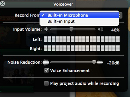 Click the Record From pop-up menu and select the input device.