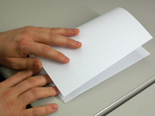 Starting with a standard 8.5 x 11-inch sheet of paper arranged horizontally in front of you, fold the left half over the right half and crease.