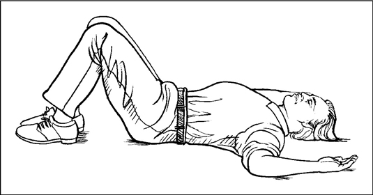 Lie on your back with your hips and knees bent so that your feet are flat on the floor and your arms rest comfortably away from your sides.