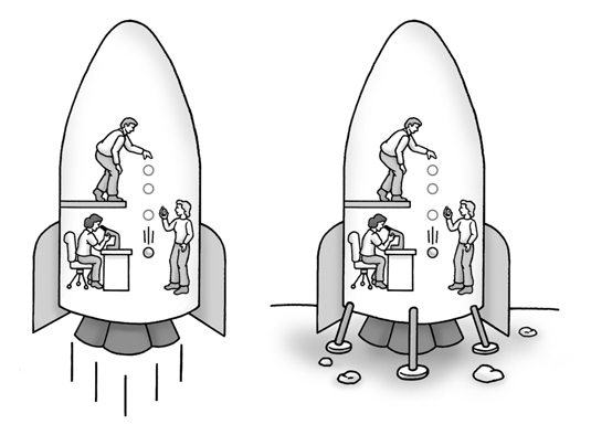 (Left) Scientists performing experiments in an accelerating spaceship. (Right) The scientists get t